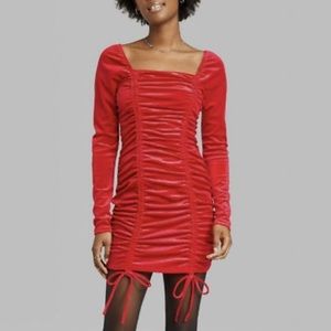 Wild Fable Long Sleeve Ruched Velvet Bodycon Christmas Dress Red